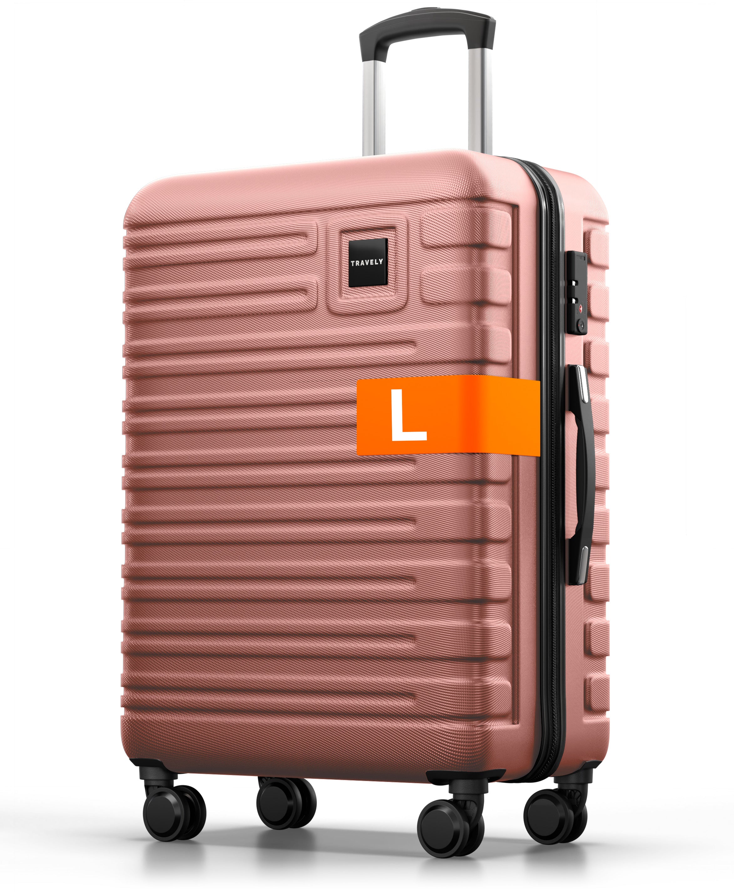 Rosa Hartschalenkoffer der Größe L mit Teleskopgriff, seitlichem Griff und vier Rollen.