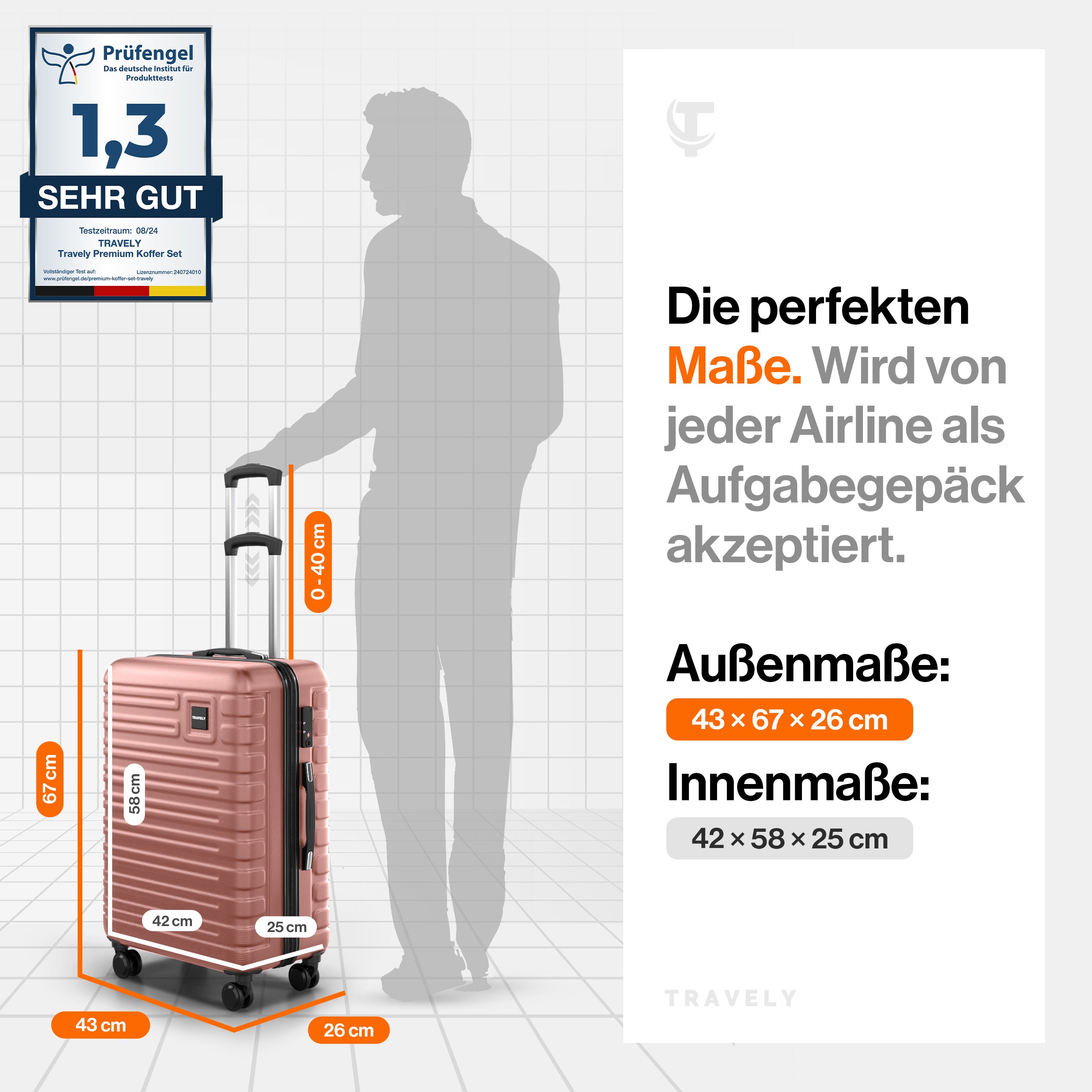 Rosa Hartschalenkoffer mit Teleskopgriff und vier Rollen, Außenmaß 43×67×26 cm und Innenmaß 42×58×25 cm, akzeptiert als Aufgabegepäck bei Airlines, mit einer Prüfengel-Note von 1,3