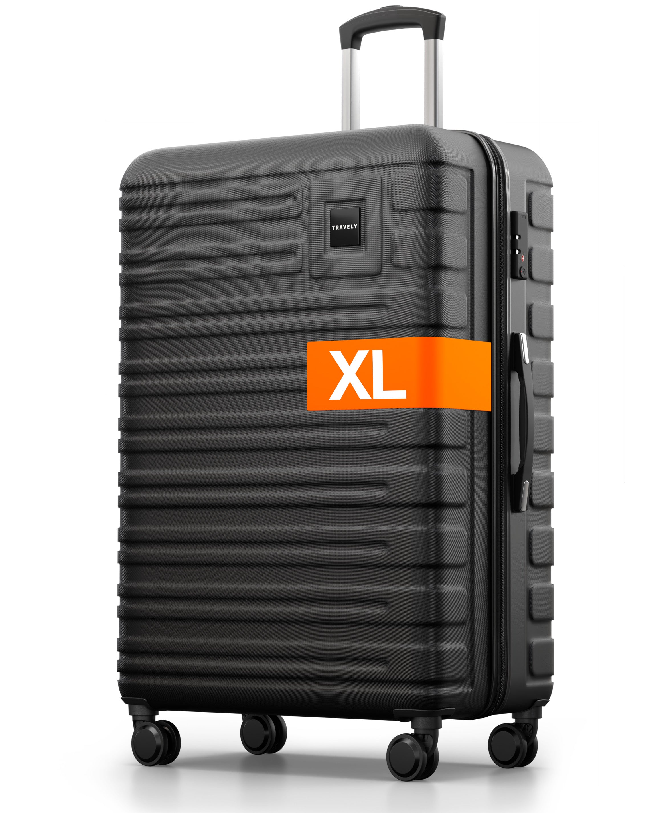 Schwarzer Hartschalenkoffer der Größe XL mit Teleskopgriff, seitlichem Griff und vier Rollen .