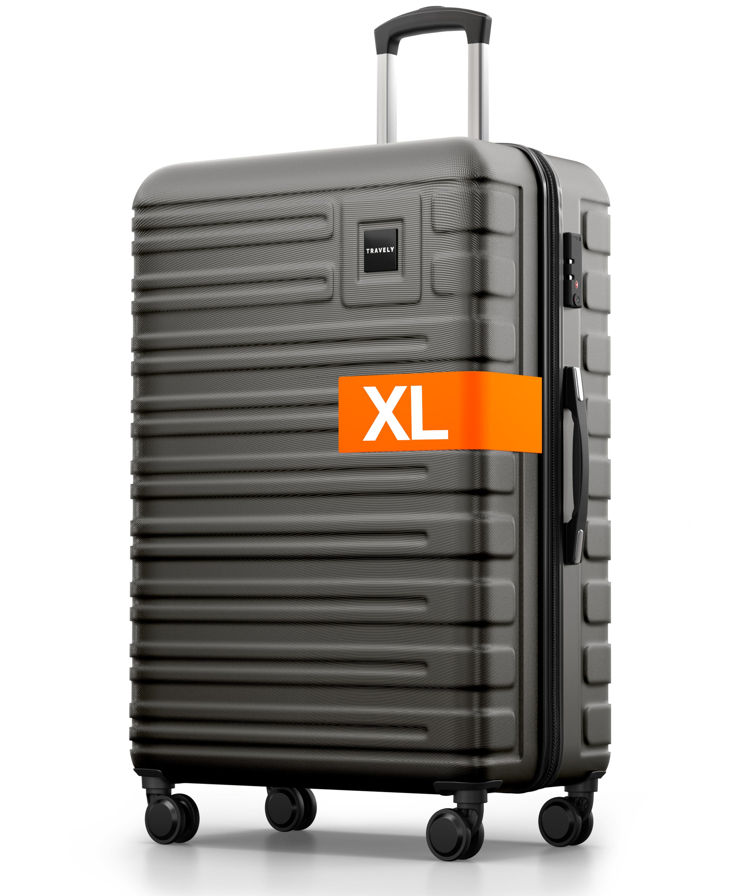 Grauer Hartschalenkoffer der Größe XL mit Teleskopgriff, seitlichem Griff und vier Rollen.