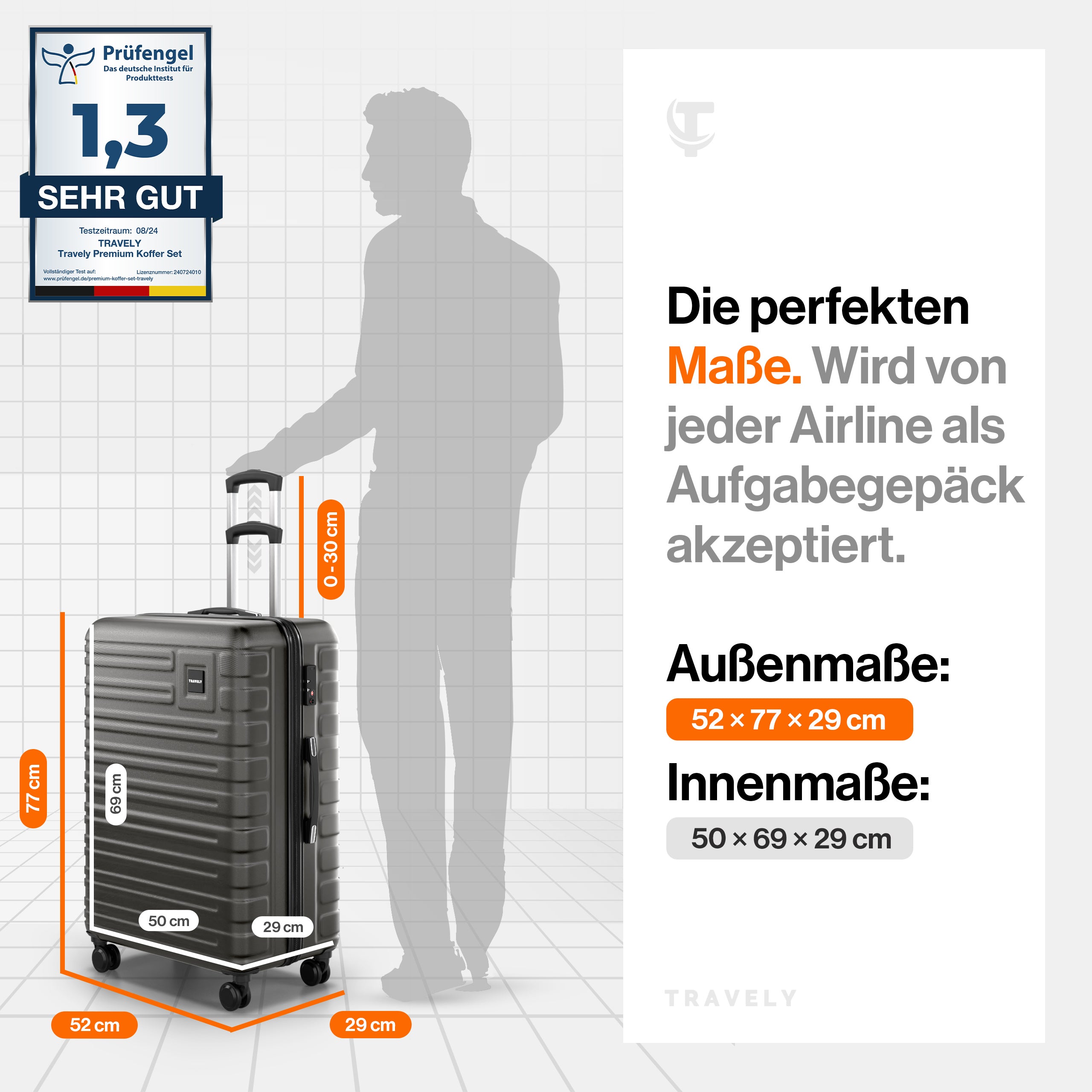 Grauer Hartschalenkoffer mit Teleskopgriff und vier Rollen, Außenmaß 52×77×29 cm und Innenmaß 50×69×29 cm, akzeptiert als Aufgabegepäck bei Airlines, mit einer Prüfengel-Note von 1,3
