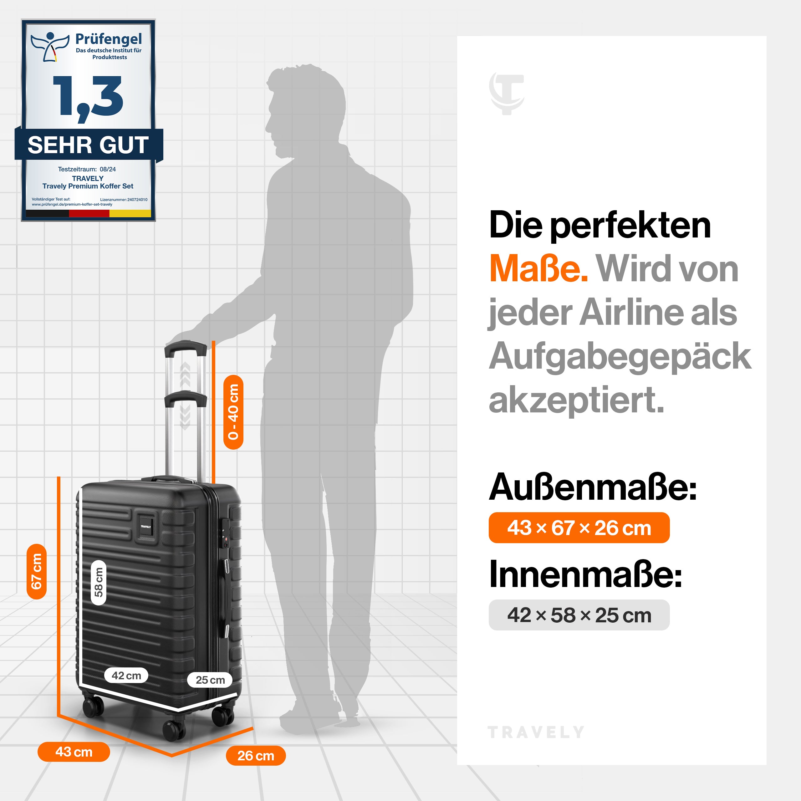 Schwarzer Hartschalenkoffer mit Teleskopgriff und vier Rollen, Außenmaß 43×67×26 cm und Innenmaß 42×58×25 cm, akzeptiert als Aufgabegepäck bei Airlines, mit einer Prüfengel-Note von 1,3