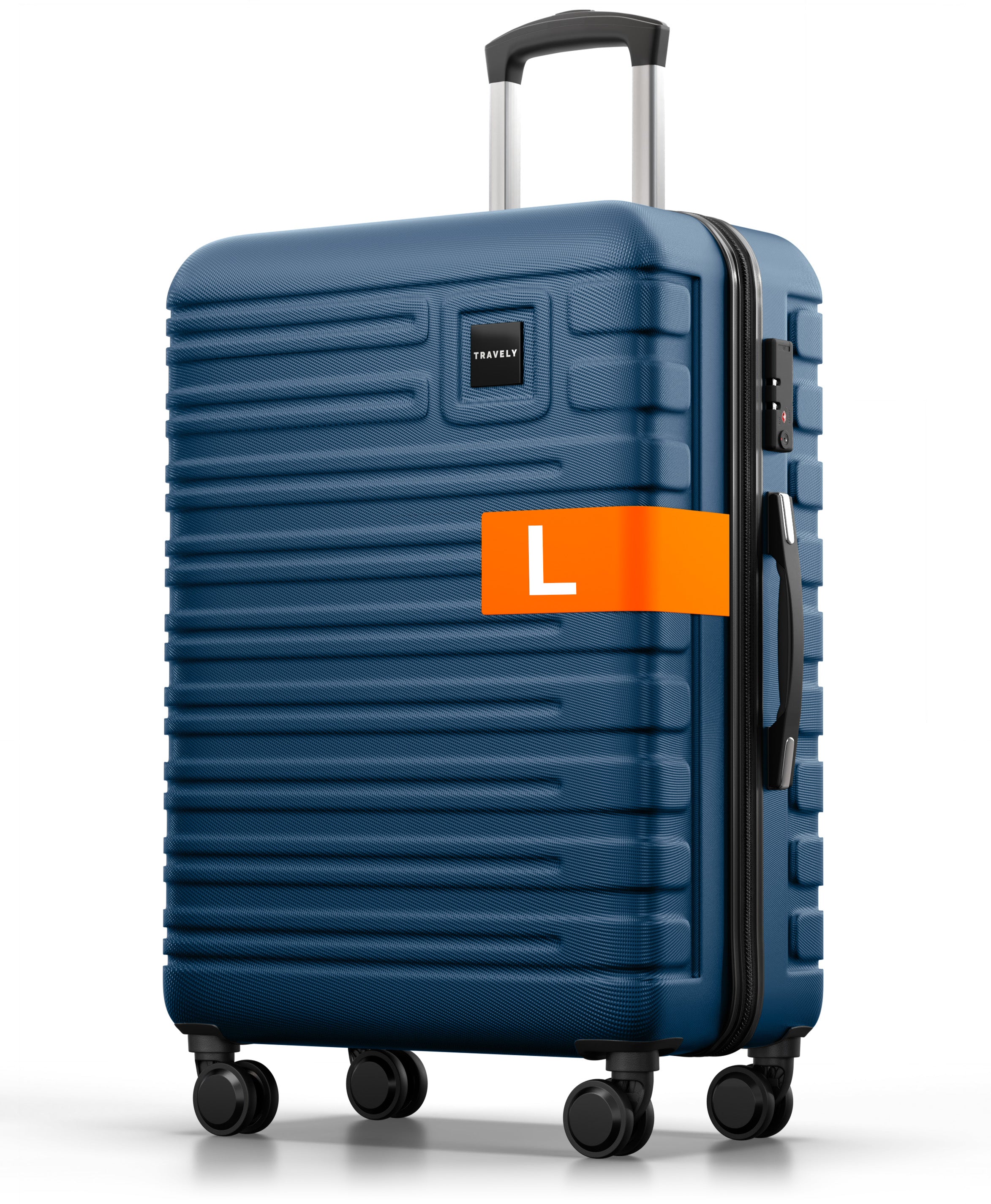 Blauer Hartschalenkoffer der Größe L mit Teleskopgriff, seitlichem Griff und vier Rollen.