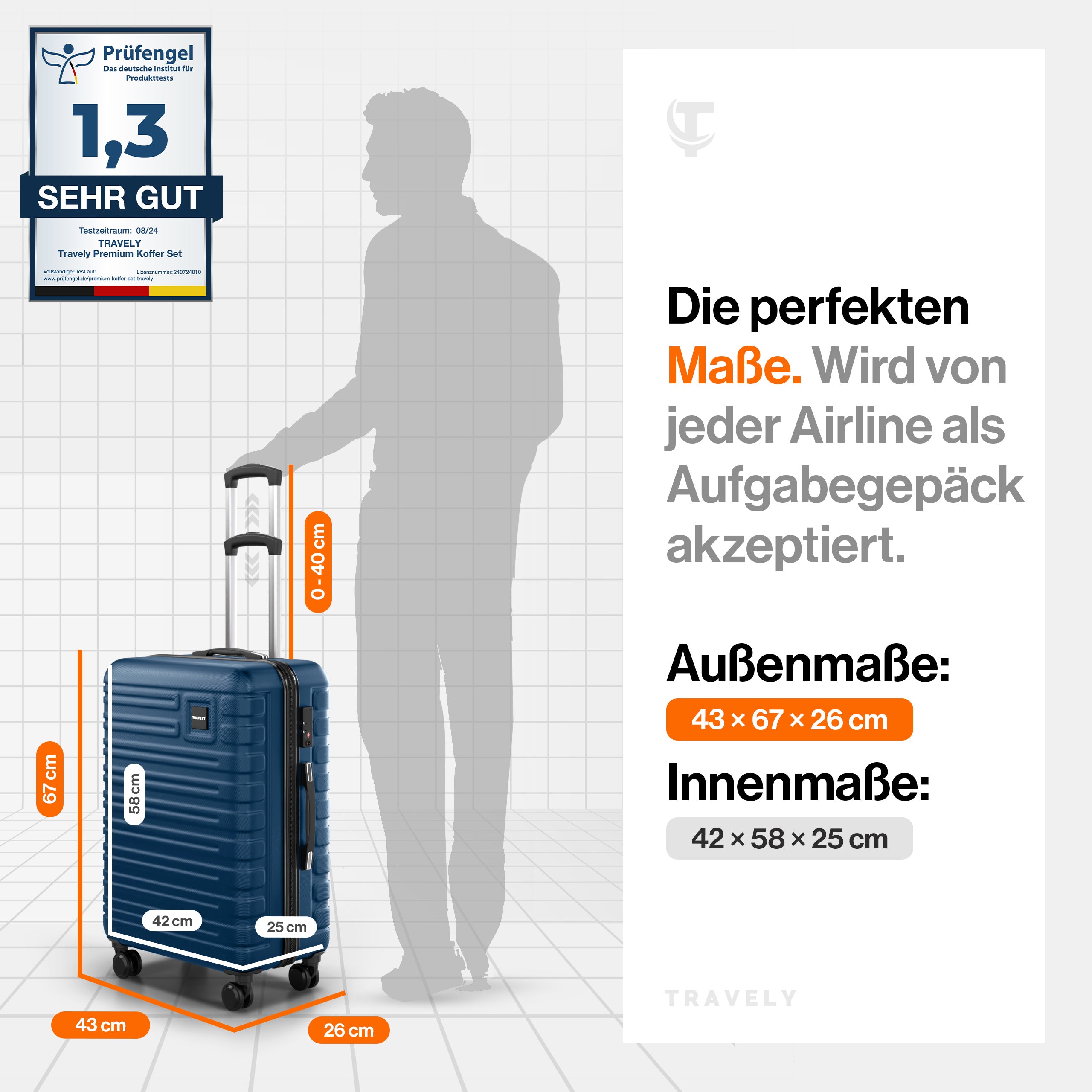 Blauer Hartschalenkoffer mit Teleskopgriff und vier Rollen, Außenmaß 43×67×26 cm und Innenmaß 42×58×25 cm, akzeptiert als Aufgabegepäck bei Airlines, mit einer Prüfengel-Note von 1,3