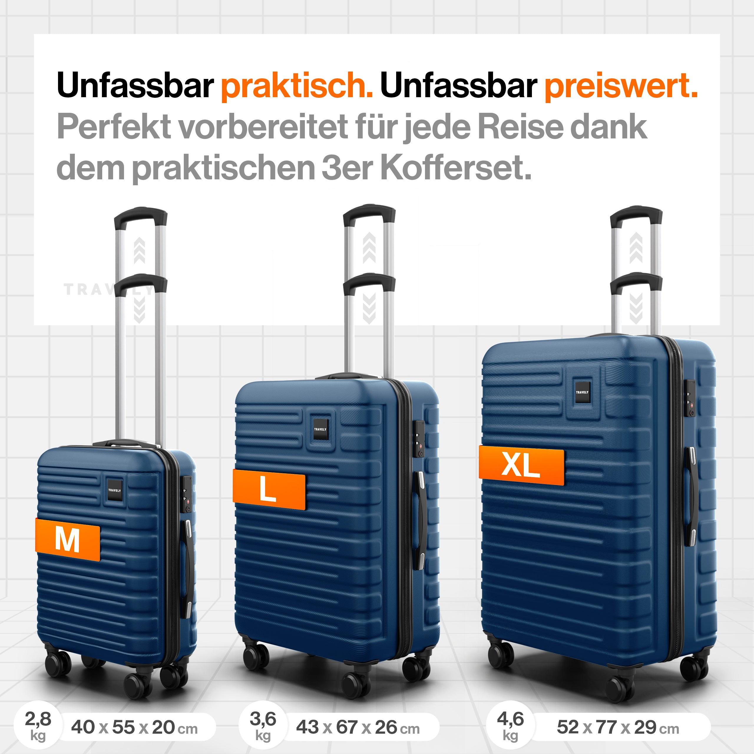 Dreiteiliges Kofferset aus blauer Hartschale mit Teleskopgriffen und vier Rollen, bestehend aus mittelgroßem Koffer (40×55×20 cm, 2,8 kg), großem Koffer (43×67×26 cm, 3,6 kg) und extra großem Koffer (52×77×29 cm, 4,6 kg)