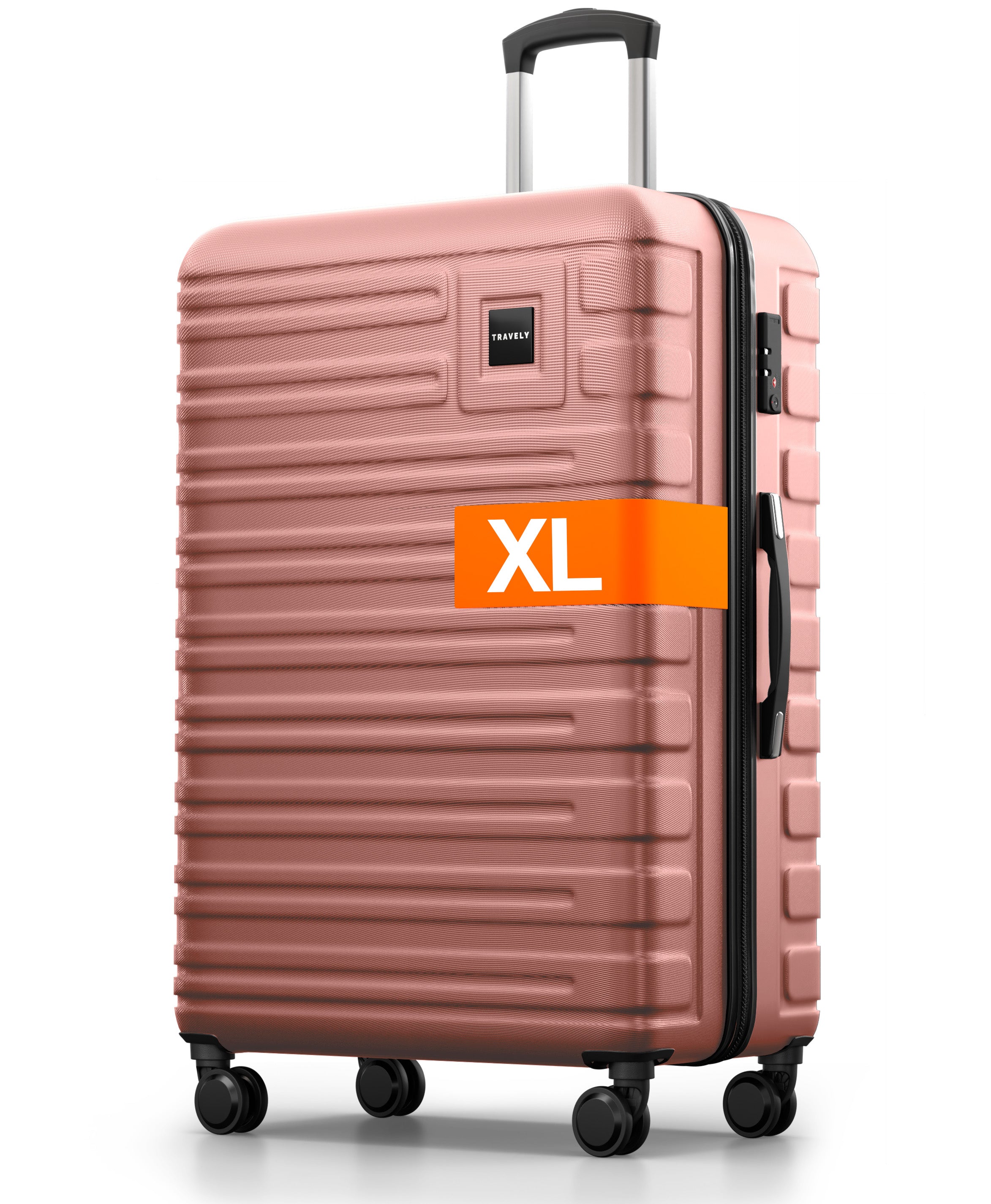 Rosa Hartschalenkoffer der Größe XL mit Teleskopgriff, seitlichem Griff und vier Rollen.