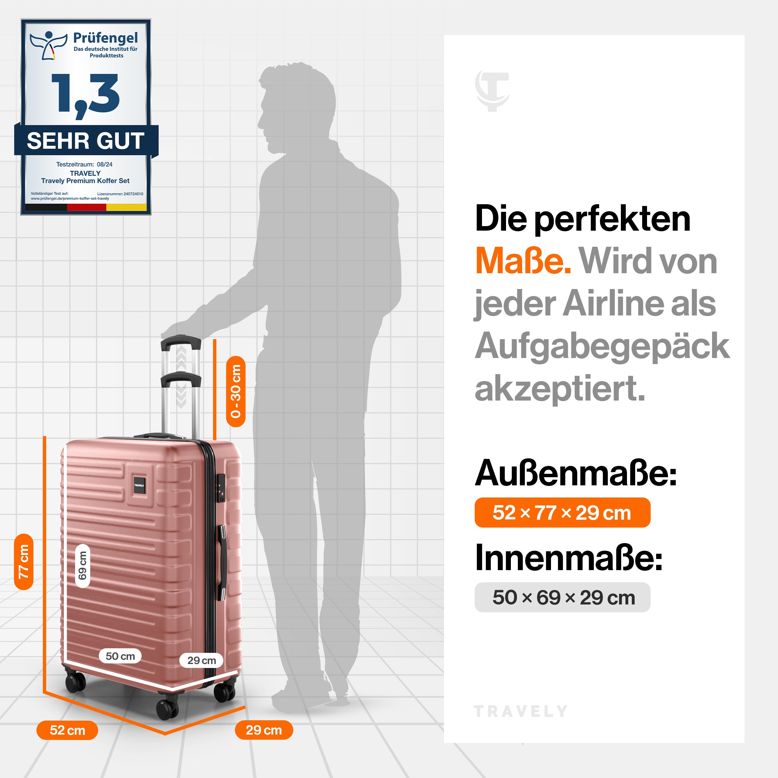 Rosa Hartschalenkoffer mit Teleskopgriff und vier Rollen, Außenmaß 52×77×29 cm und Innenmaß 50×69×29 cm, akzeptiert als Aufgabegepäck bei Airlines, mit einer Prüfengel-Note von 1,3