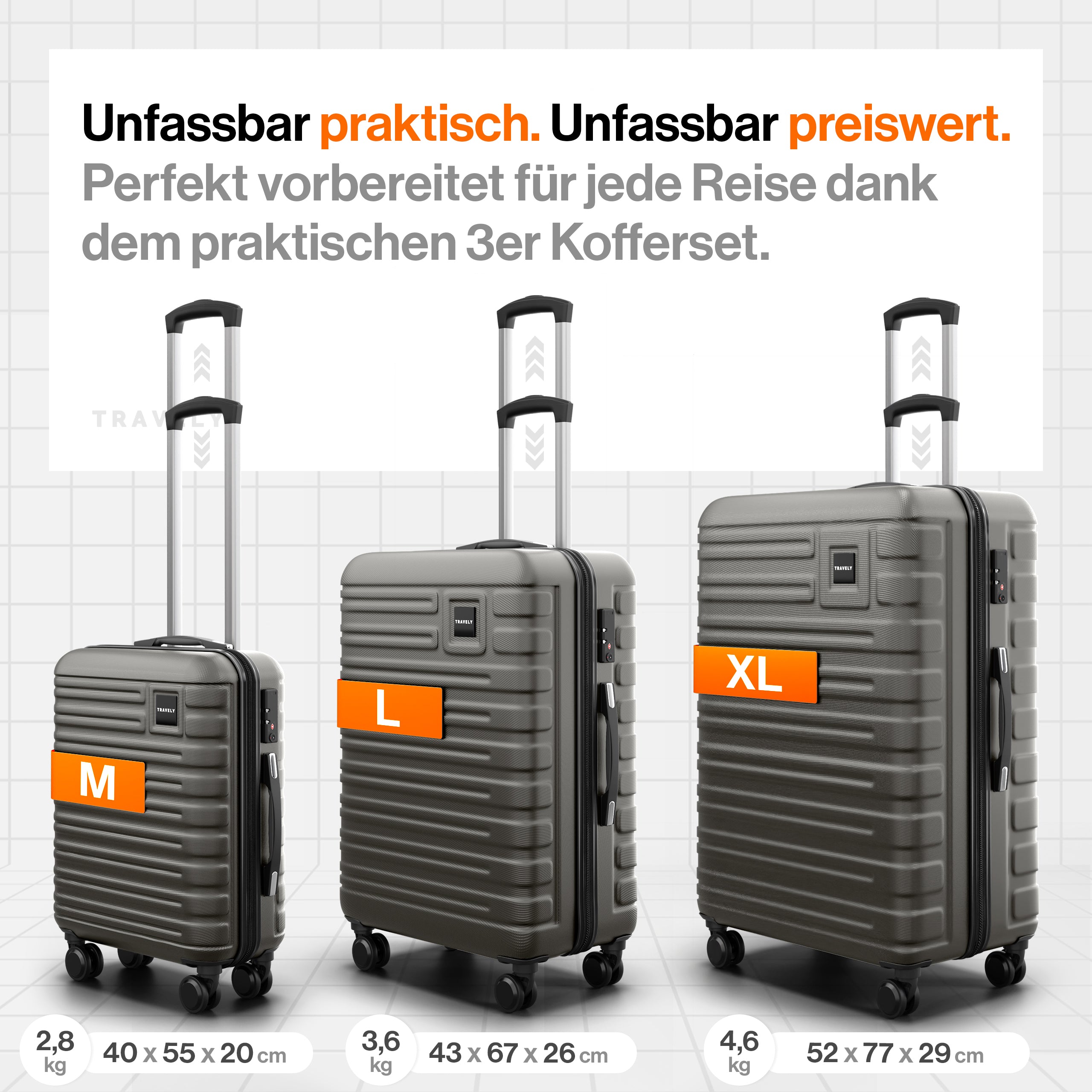 Dreiteiliges Kofferset aus grauer Hartschale mit Teleskopgriffen und vier Rollen, bestehend aus mittelgroßem Koffer (40×55×20 cm, 2,8 kg), großem Koffer (43×67×26 cm, 3,6 kg) und extra großem Koffer (52×77×29 cm, 4,6 kg)