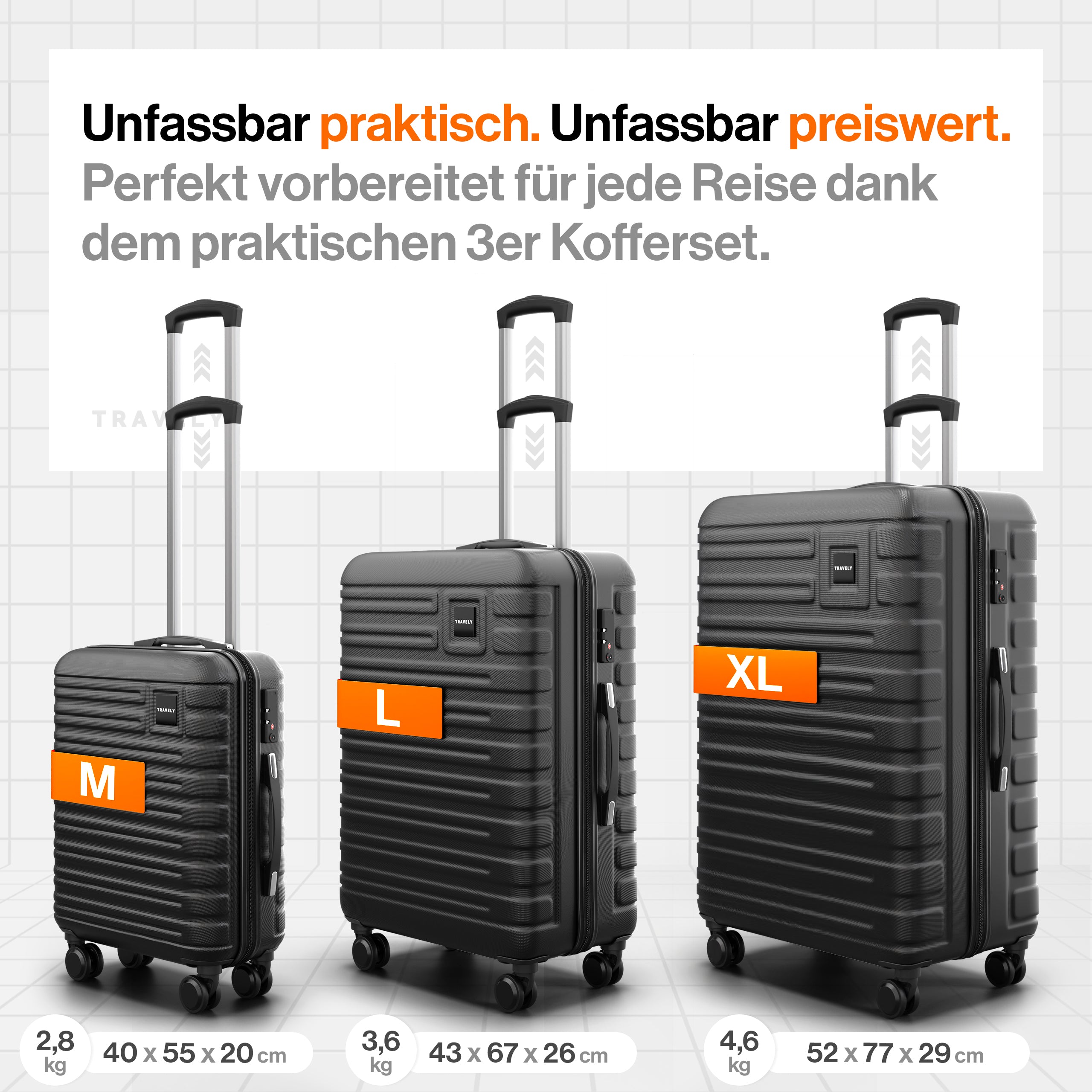 Dreiteiliges Kofferset aus schwarzer Hartschale mit Teleskopgriffen und vier Rollen, bestehend aus mittelgroßem Koffer (40×55×20 cm, 2,8 kg), großem Koffer (43×67×26 cm, 3,6 kg) und extra großem Koffer (52×77×29 cm, 4,6 kg)