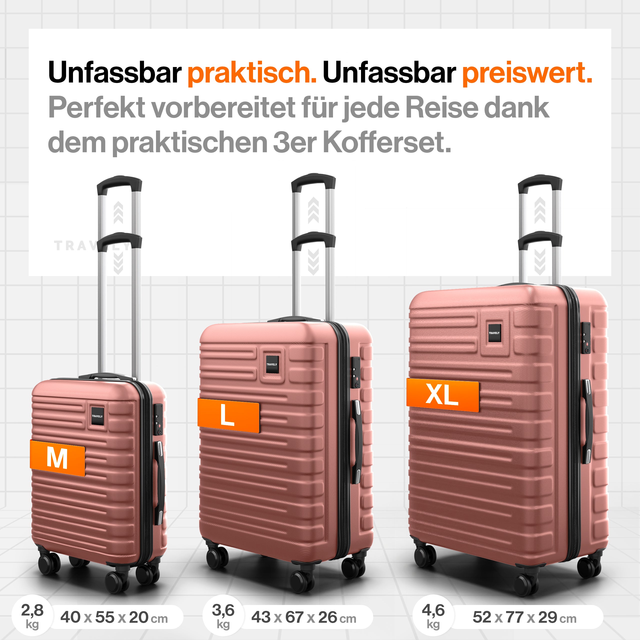 Dreiteiliges Kofferset aus rosa Hartschale mit Teleskopgriffen und vier Rollen, bestehend aus mittelgroßem Koffer (40×55×20 cm, 2,8 kg), großem Koffer (43×67×26 cm, 3,6 kg) und extra großem Koffer (52×77×29 cm, 4,6 kg)