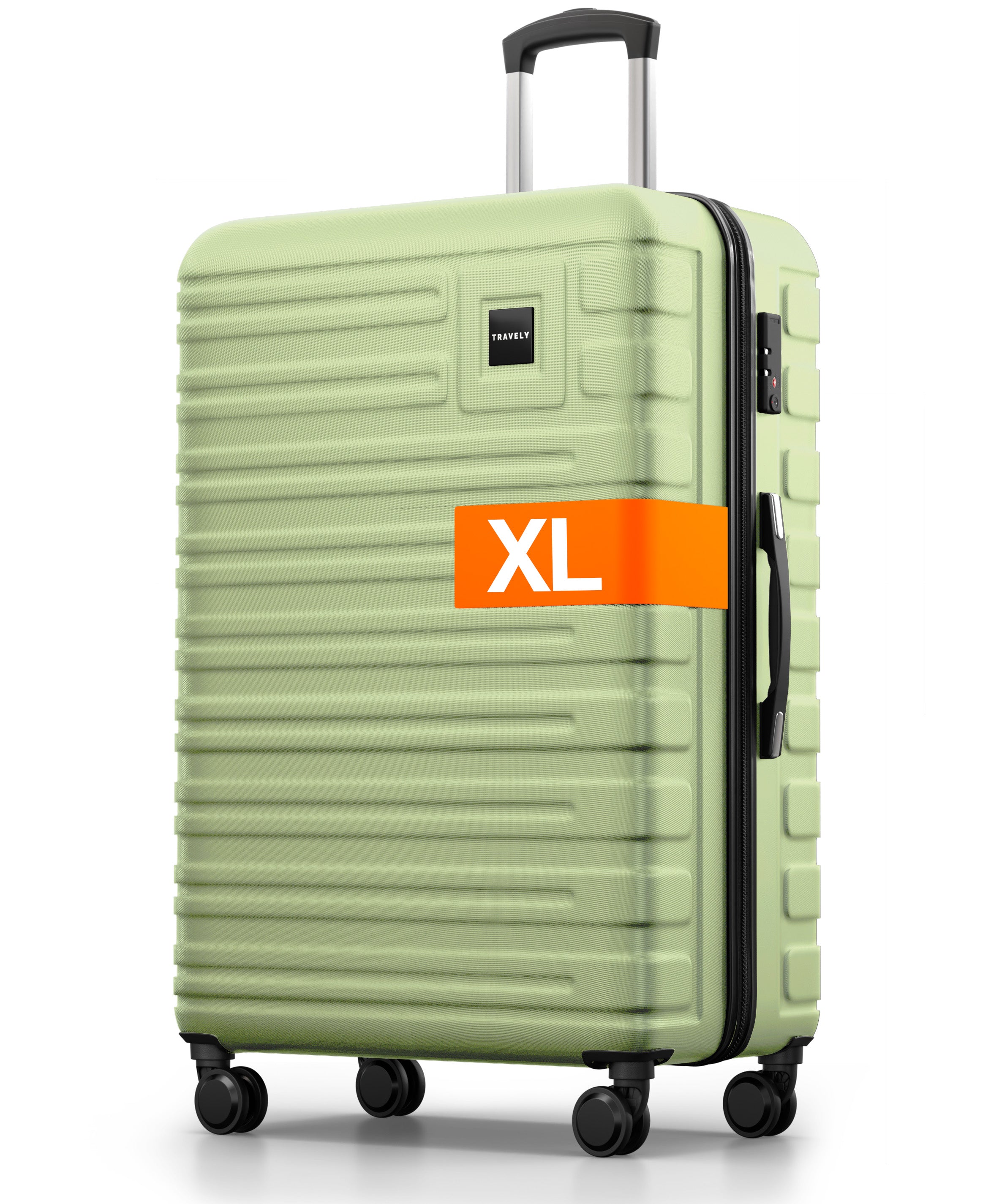 Hellgrüner Hartschalenkoffer der Größe XL mit Teleskopgriff, seitlichem Griff und vier Rollen.