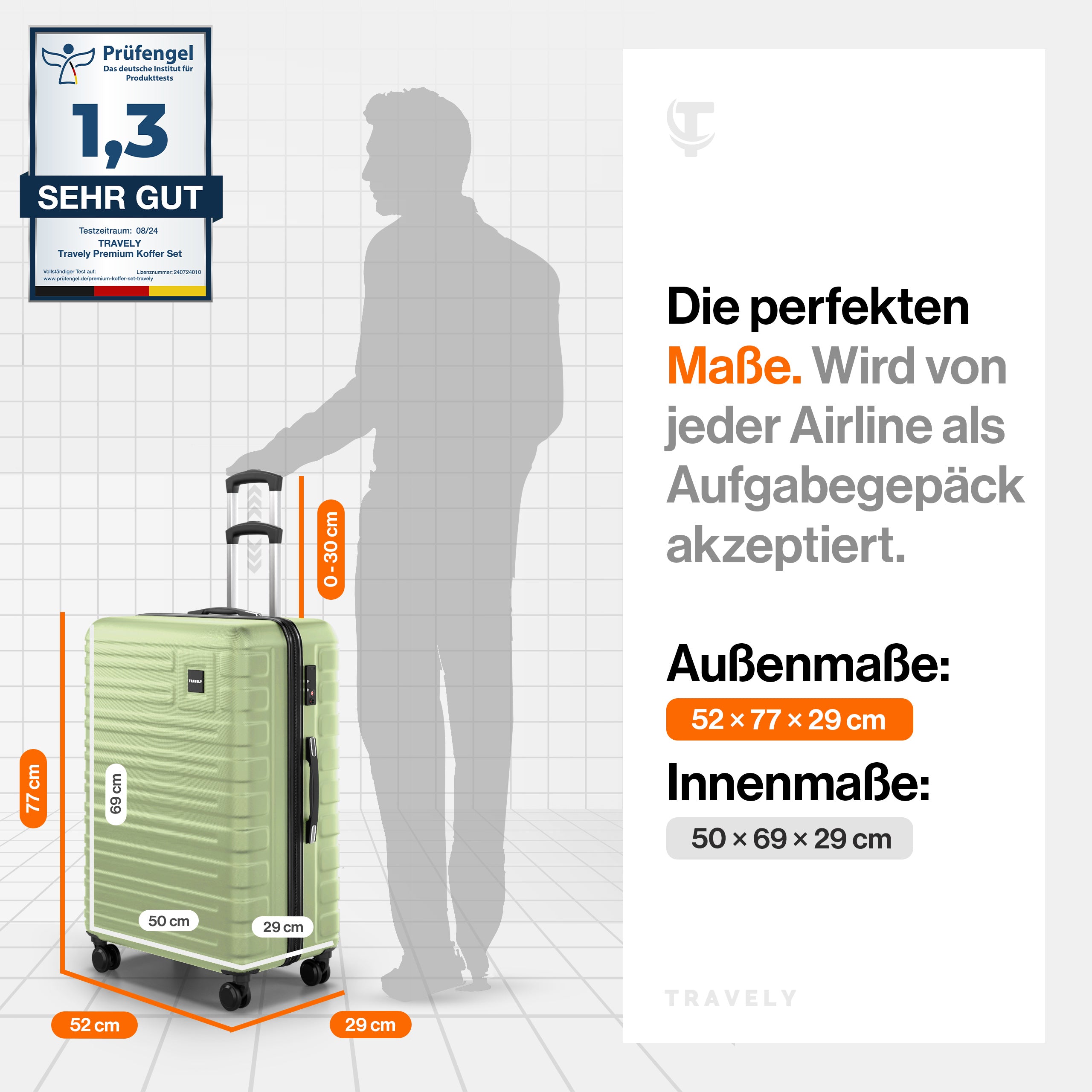 Hellgrüner Hartschalenkoffer mit Teleskopgriff und vier Rollen, Außenmaß 52×77×29 cm und Innenmaß 50×69×29 cm, akzeptiert als Aufgabegepäck bei Airlines, mit einer Prüfengel-Note von 1,3