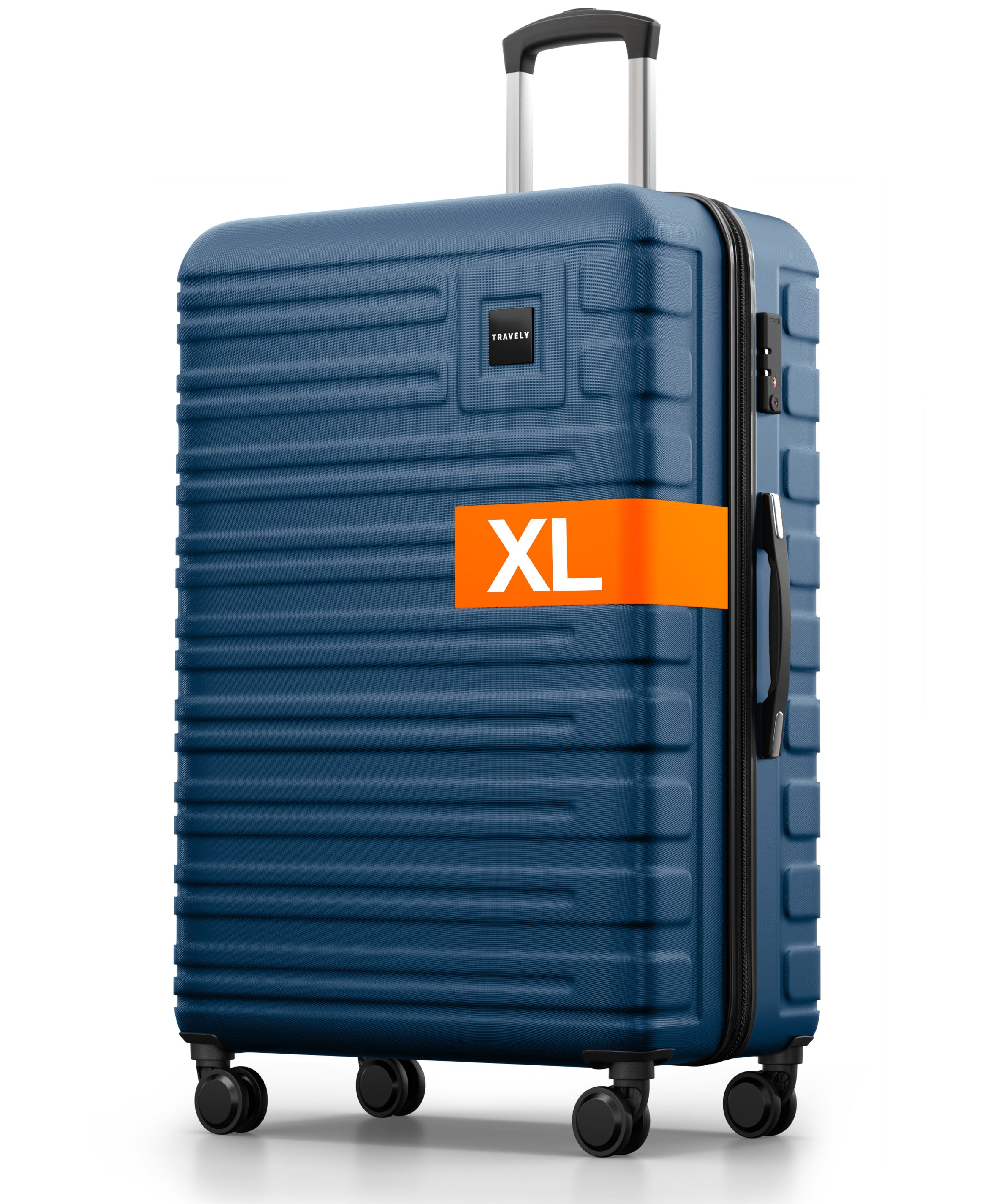 Blauer Hartschalenkoffer der Größe XL mit Teleskopgriff, seitlichem Griff und vier Rollen.