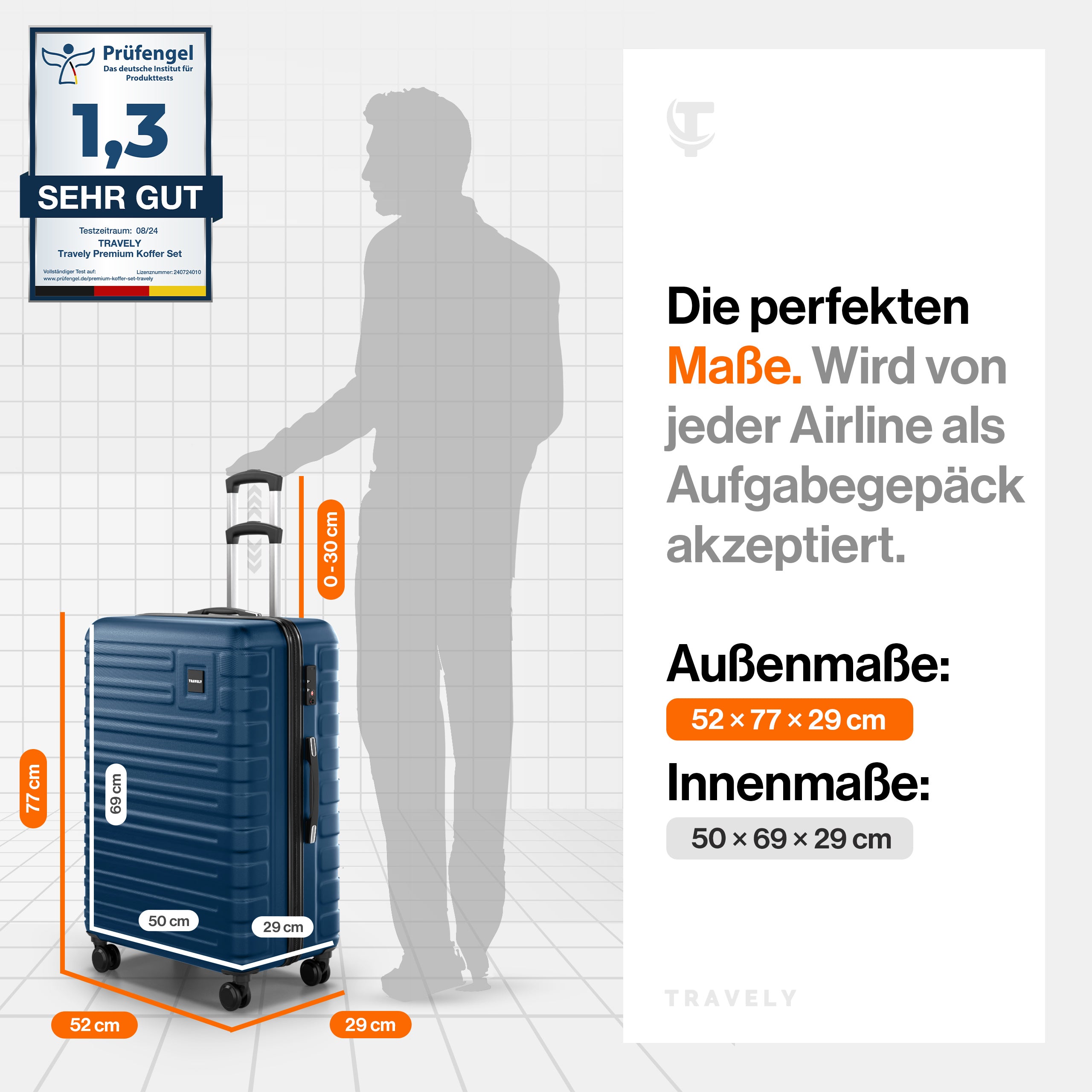 Blauer Hartschalenkoffer mit Teleskopgriff und vier Rollen, Außenmaß 52×77×29 cm und Innenmaß 50×69×29 cm, akzeptiert als Aufgabegepäck bei Airlines, mit einer Prüfengel-Note von 1,3