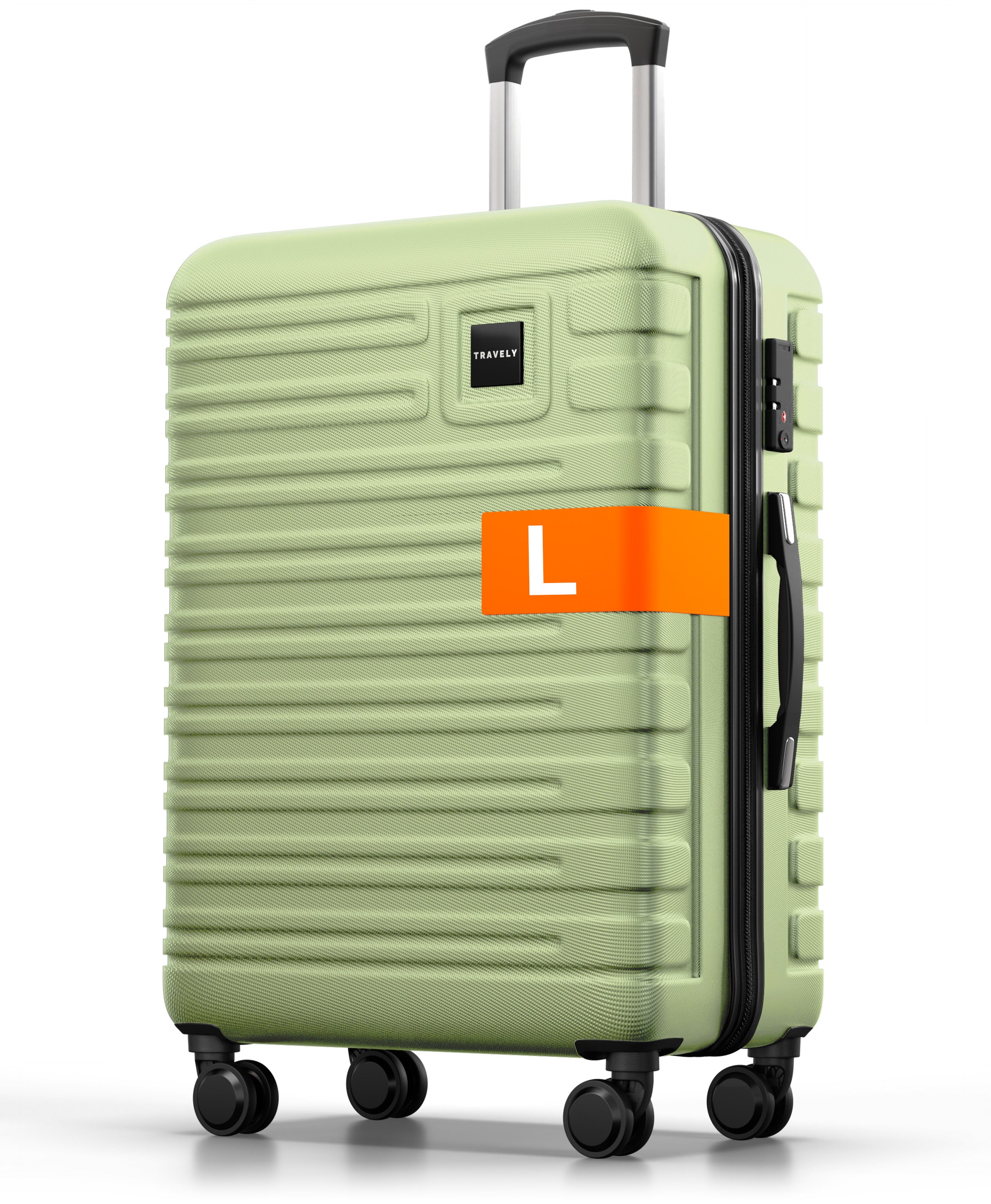 Hellgrüner Hartschalenkoffer der Größe L mit Teleskopgriff, seitlichem Griff und vier Rollen.