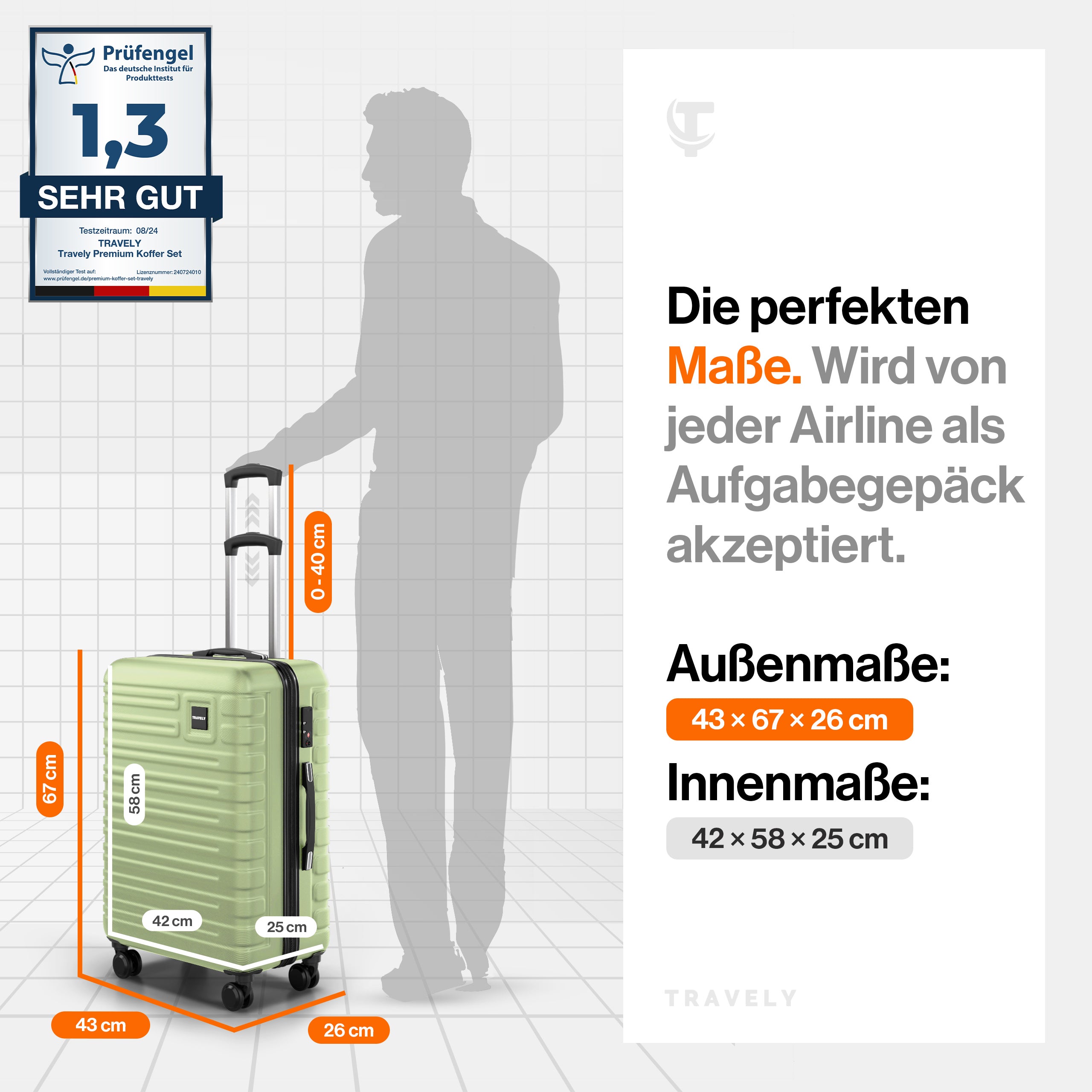 Hellgrüner Hartschalenkoffer mit Teleskopgriff und vier Rollen, Außenmaß 43×67×26 cm und Innenmaß 42×58×25 cm, akzeptiert als Aufgabegepäck bei Airlines, mit einer Prüfengel-Note von 1,3