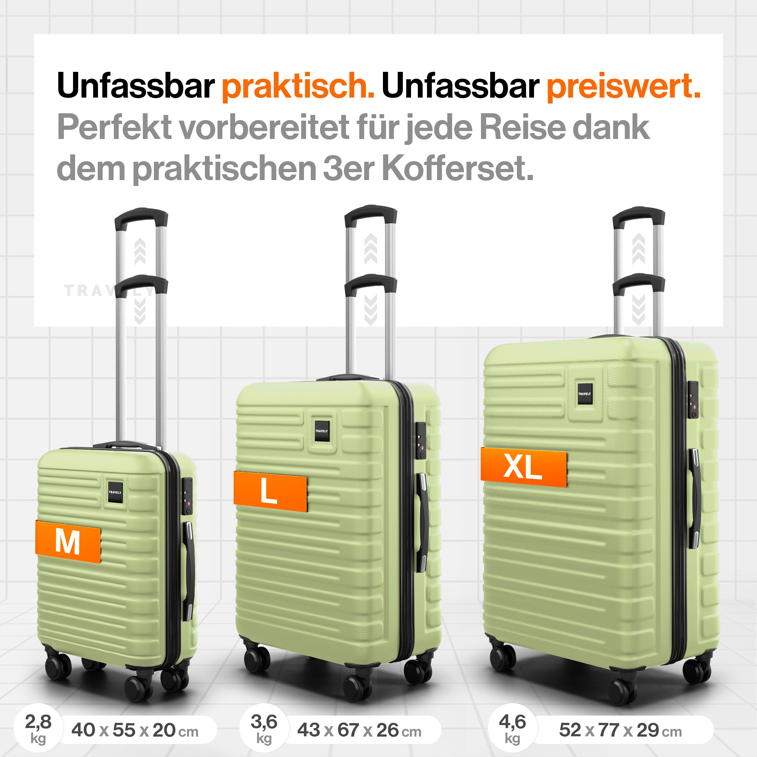 Dreiteiliges Kofferset aus hellgrüner Hartschale mit Teleskopgriffen und vier Rollen, bestehend aus mittelgroßem Koffer (40×55×20 cm, 2,8 kg), großem Koffer (43×67×26 cm, 3,6 kg) und extra großem Koffer (52×77×29 cm, 4,6 kg)