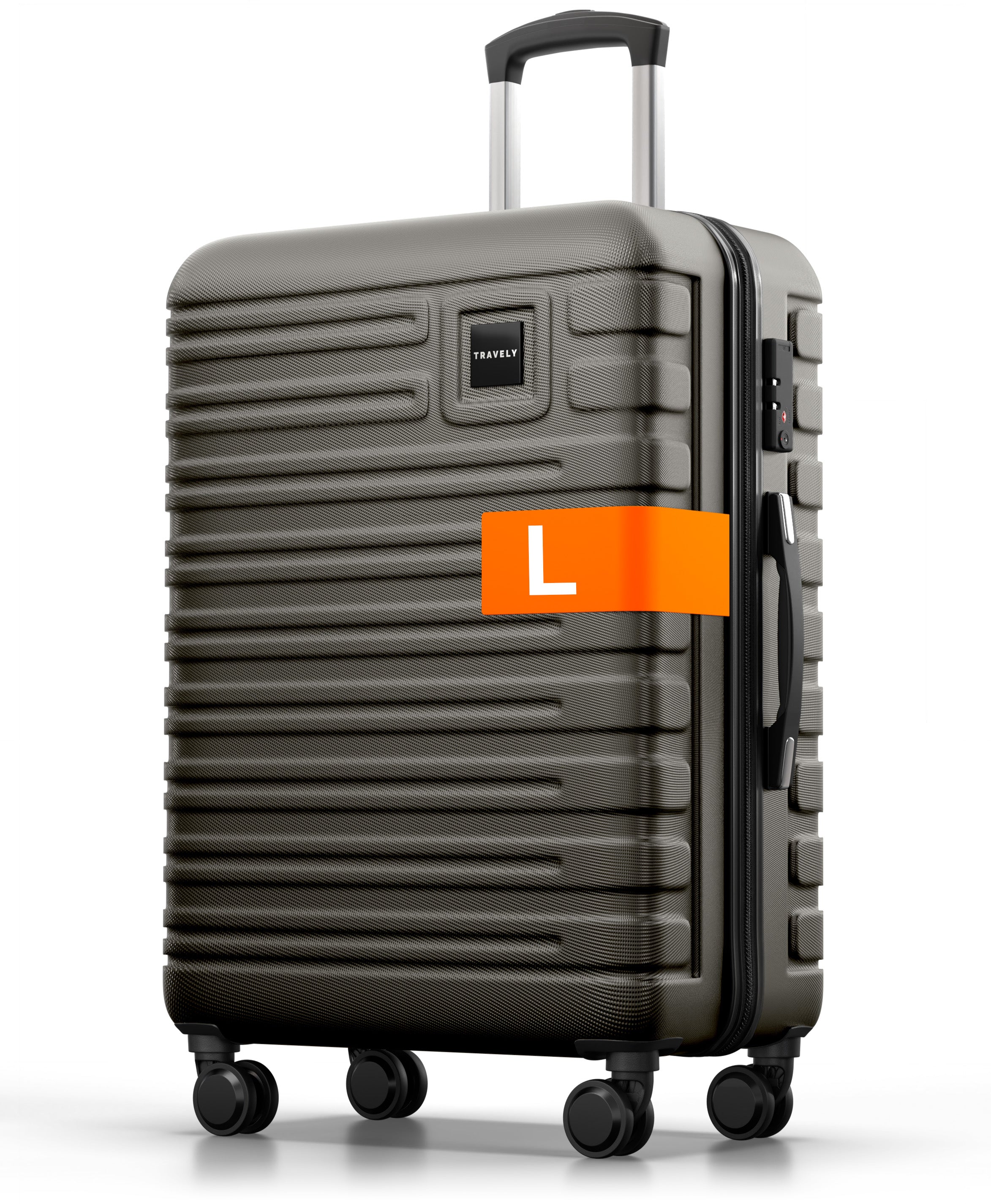 Grauer Hartschalenkoffer der Größe L mit Teleskopgriff, seitlichem Griff und vier Rollen.