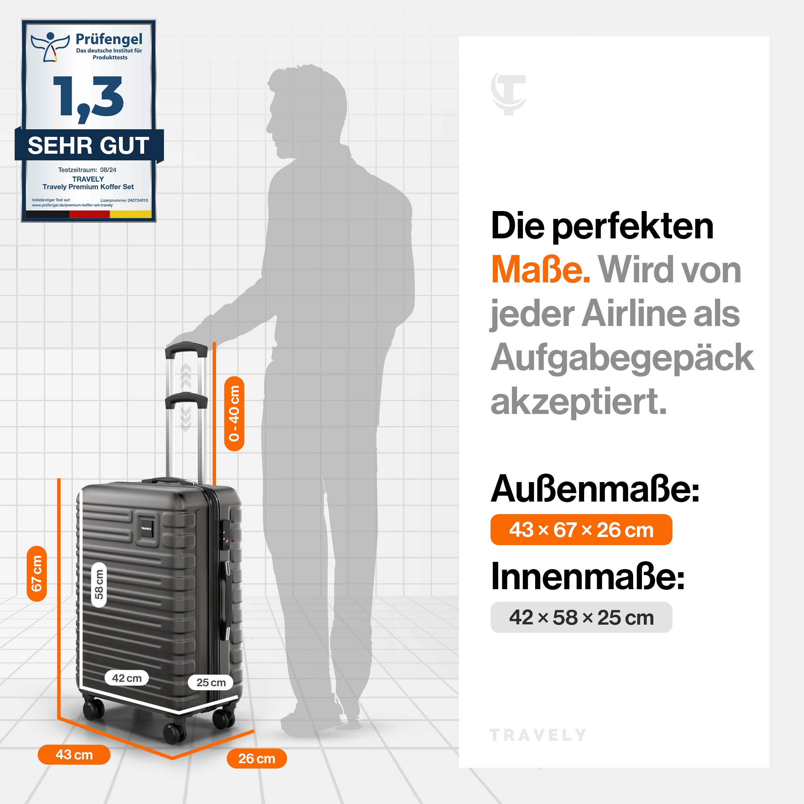 Grauer Hartschalenkoffer mit Teleskopgriff und vier Rollen, Außenmaß 43×67×26 cm und Innenmaß 42×58×25 cm, akzeptiert als Aufgabegepäck bei Airlines, mit einer Prüfengel-Note von 1,3